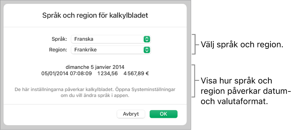 Panelen Språk och region med reglage för språk och region samt ett formatexempel med datum, tid, decimal och valuta.