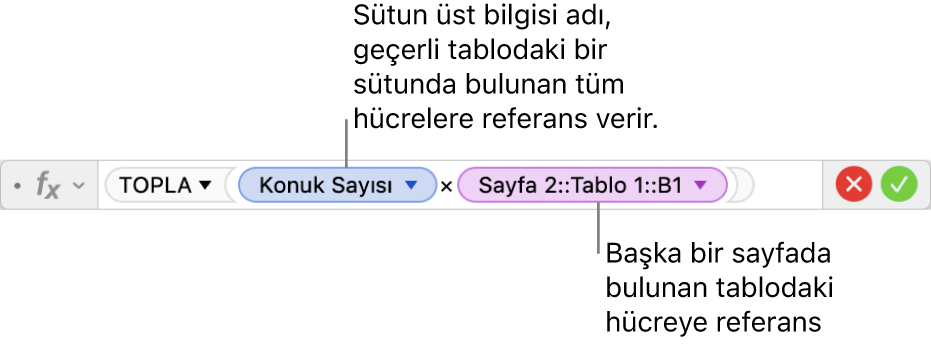 Bir tabloda sütuna ve başka bir tabloda hücreye başvuran bir formül gösteren Formül Düzenleyici.