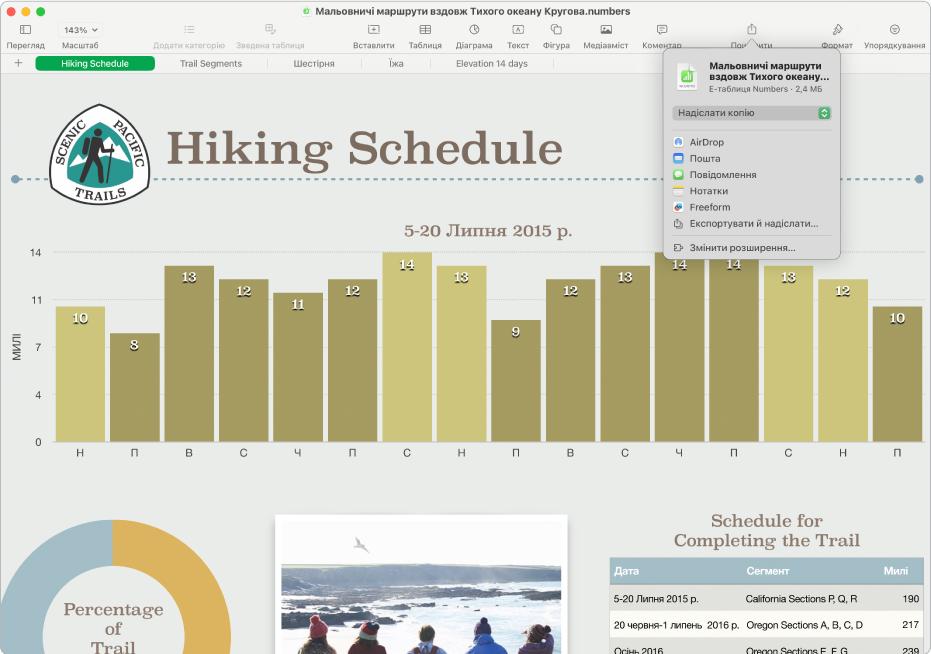 Вікно програми Numbers із меню «Поширити», а також опціями, які дають змогу надіслати копію е-таблиці чи експортувати й надіслати е-таблицю в іншому форматі.