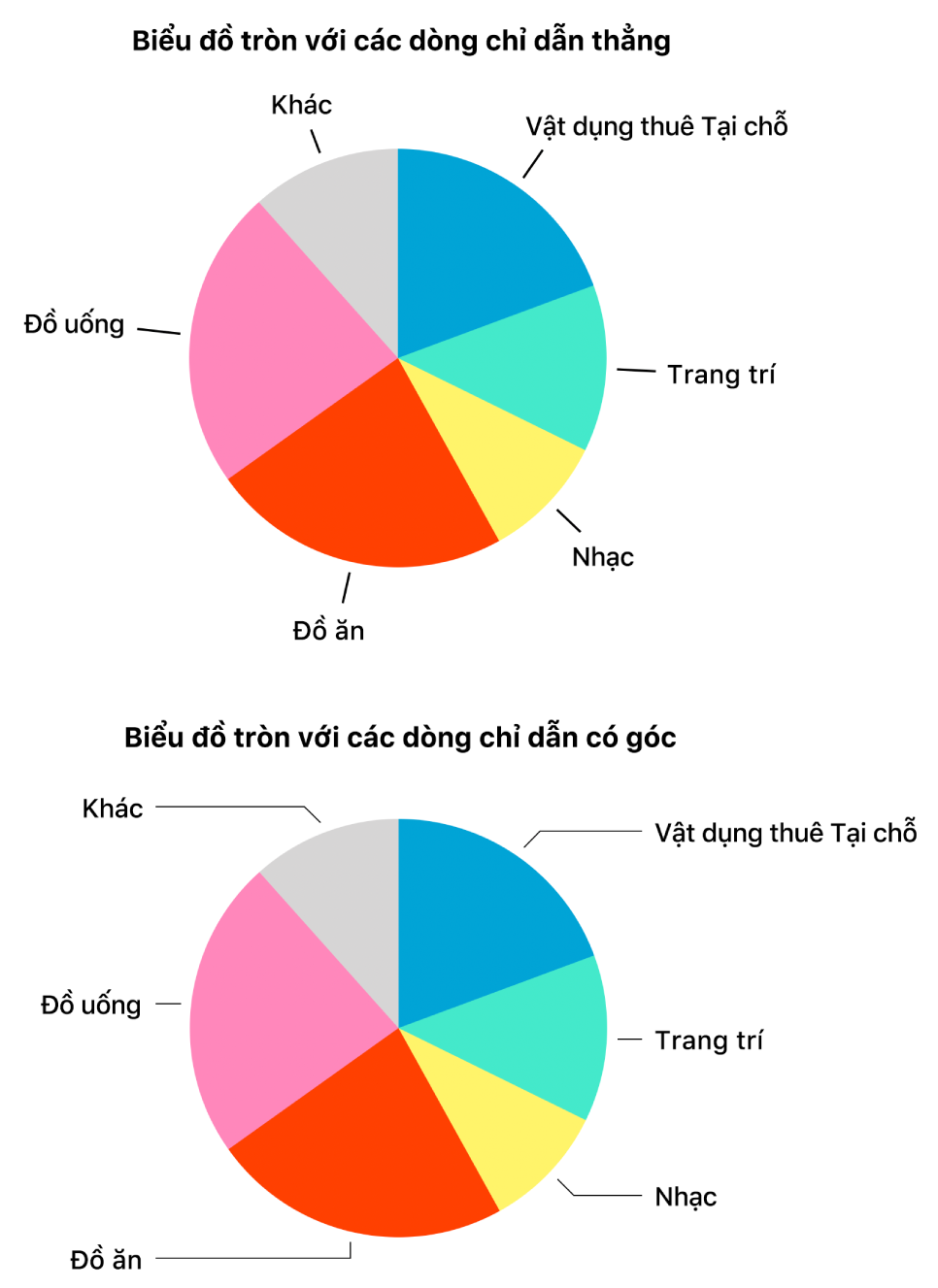 Hai biểu đồ tròn – một biểu đồ với dòng chỉ dẫn thẳng, biểu đồ còn lại với dòng chỉ dẫn có góc.