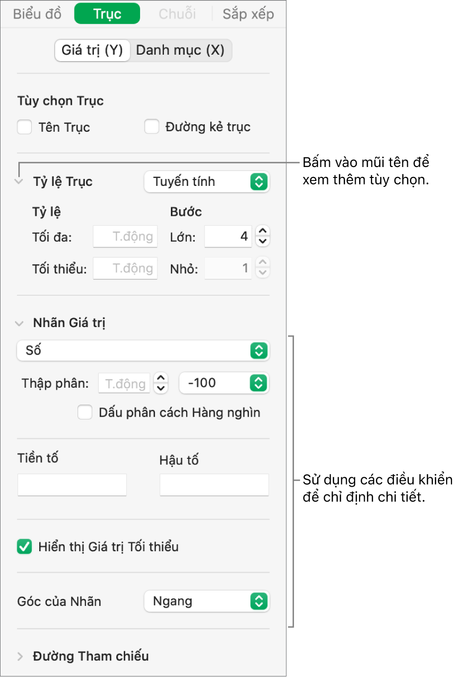 Điều khiển để định dạng các dấu mốc trục của biểu đồ.