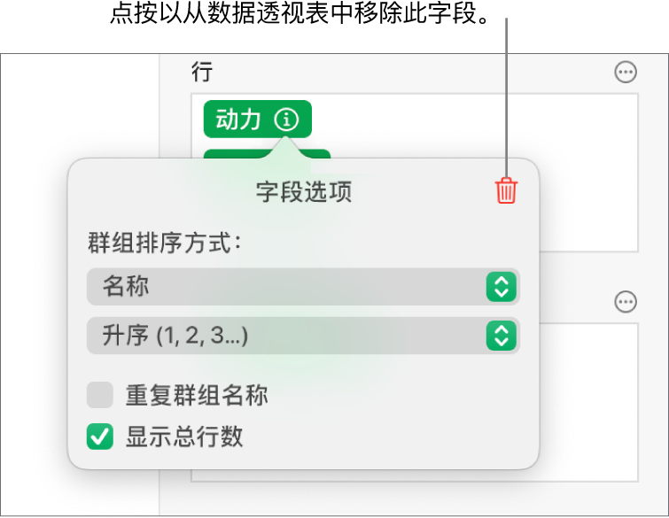 “字段选项”菜单，显示成组和排序数据的控制以及移除字段的选项。