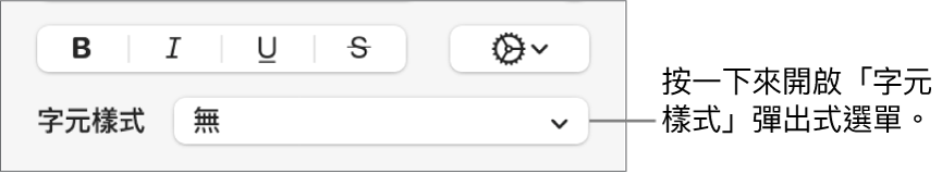 「字元樣式」彈出式選單。