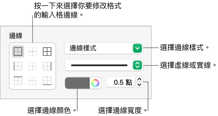 用於設定輸入格邊線樣式的控制項目。