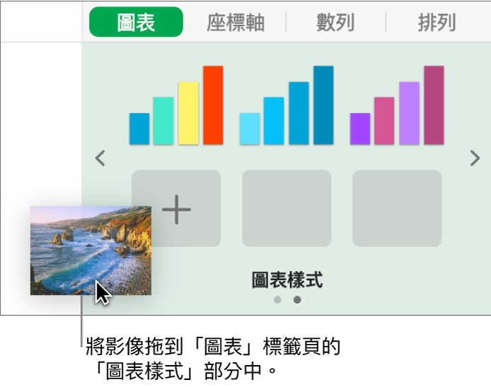 拖移影像至側邊欄中的圖表樣式部分以製作新樣式。