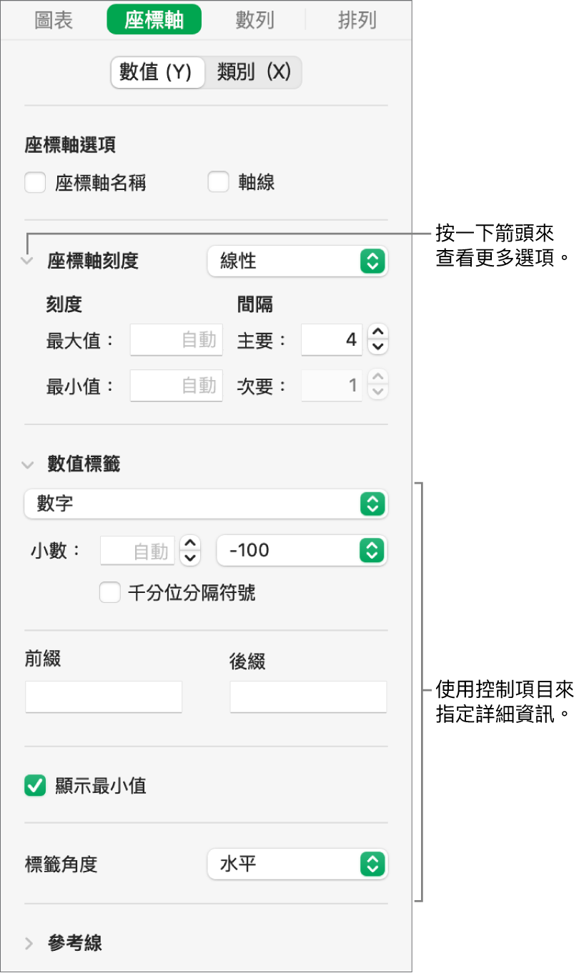 設定圖表座標軸標記控制項目的格式。