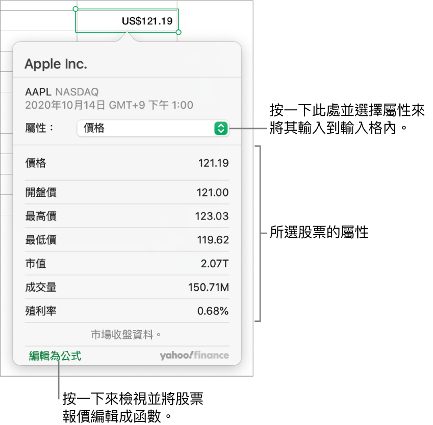 用於輸入股票屬性資訊的對話框，使用 Apple 為選取的股票。