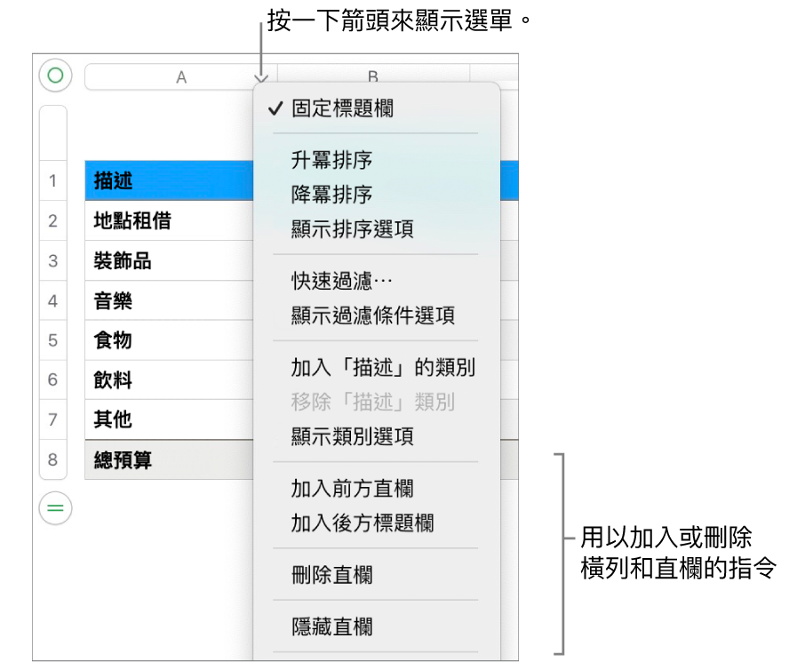 表格直欄選單，包含加入或刪除橫列和直欄的指令。