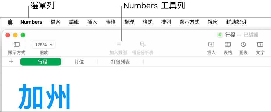 螢幕最上方的選單列，其中包含「蘋果」、Numbers、「檔案」、「編輯」、「插入」、「表格」、「整理」、「格式」、「排列」、「顯示方式」、「視窗」和「輔助說明」選單。選單列下方為打開的 Numbers 試算表，最上方分別為「顯示方式」、「縮放」、「加入類別」、「樞紐分析表」、「插入」、「表格」、「圖表」和「文字」工具列按鈕。