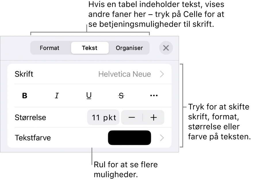 Betjeningsmuligheder til tekst på Formatmenuen til indstilling af afsnits- og tegnformater, skrift, skriftstørrelse og farve.