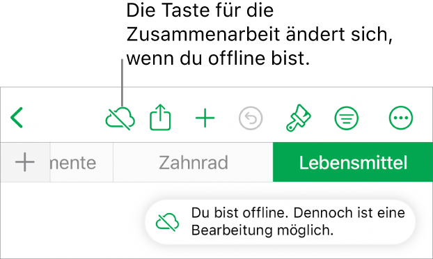 Die Tasten oben auf dem Bildschirm, darunter die Taste „Zusammenarbeit“, die als mit einer diagonalen Linie durchgestrichenen Wolke dargestellt wird. Ein Hinweis auf dem Bildschirm besagt, dass du offline bist, aber weiterhin arbeiten kannst.