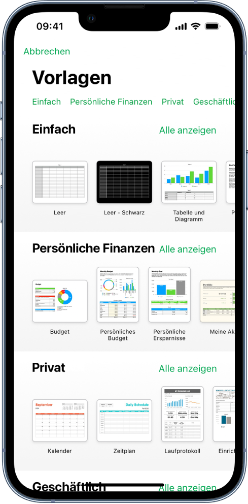 Die Vorlagenauswahl zeigt oben eine Zeile mit Kategorien, auf die du tippen kannst, um die Optionen zu filtern. Darunter befinden sich Miniaturen der vordefinierten Vorlagen in Zeilen nach Kategorien sortiert, beginnend mit „Zuletzt benutzt“ oben, gefolgt von „Einfach“ und „Persönliche Finanzen“. Die Taste „Alle anzeigen“ erscheint darüber und rechts neben jeder Kategoriezeile. Die Taste für Sprache und Region befindet sich oben rechts.