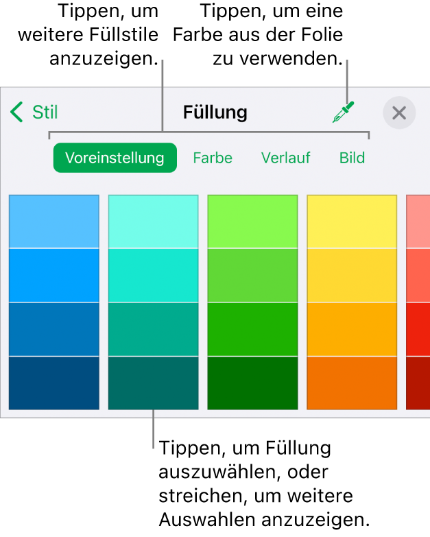 Fülloptionen im Tab „Stil“ der Taste „Format“