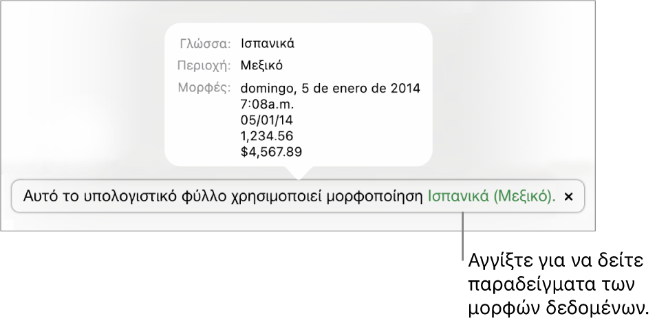 Η γνωστοποίηση διαφορετικής ρύθμισης γλώσσας και περιοχής, δείχνοντας παραδείγματα της μορφοποίησης στη συγκεκριμένη γλώσσα και περιοχή.