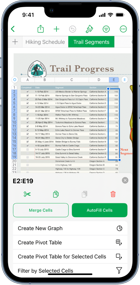 A spreadsheet showing a table of tracks hiked and the distance of each track. The Cell Action menu is open, showing options to add today’s date, the current time, and edit the formula in the selected cell.