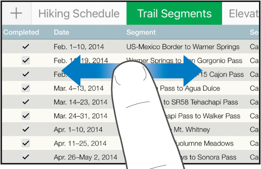 One finger moving left and right to scroll side-to-side within a table.