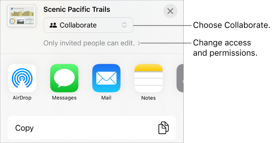 The Share menu with Collaborate selected at the top, and access and permission settings underneath.