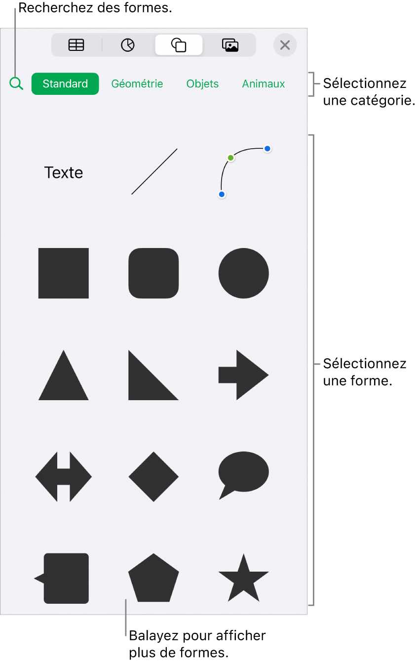 Bibliothèque de formes, les catégories étant affichées en haut et les formes, en bas. Utilisez le champ de recherche situé en haut pour rechercher des formes. Balayez également l’écran pour en trouver d’autres.