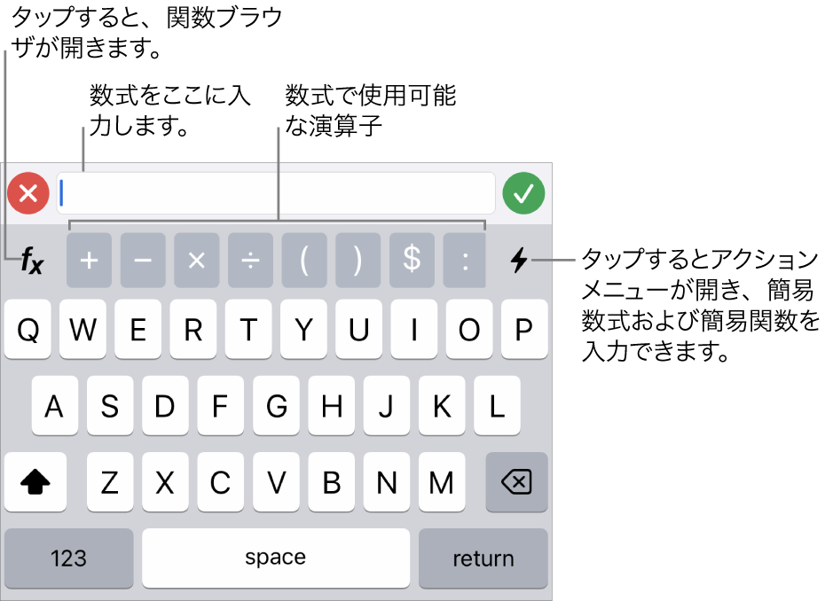 数式キーボード。一番上に数式エディタ、その下には数式に使用される演算子が表示されています。演算子の左側には関数ブラウザを操作する「関数」ボタン、右側にはアクションメニューボタンが表示されています。