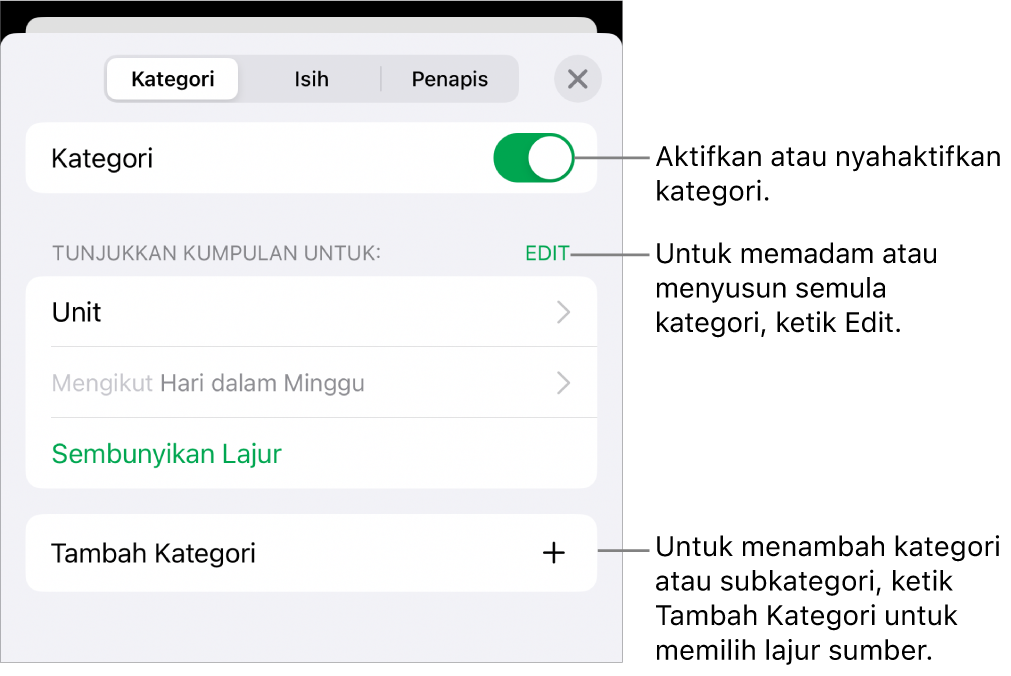 Menu Kategori untuk iPhone dengan pilihan untuk menyahaktifkan kategori, memadam kategori, mengumpul semula data, menyembunyikan lajur sumber dan menambah kategori.