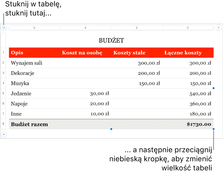 Zaznaczona tabela z niebieskimi kropkami pozwalającymi na zmienianie jej wielkości.