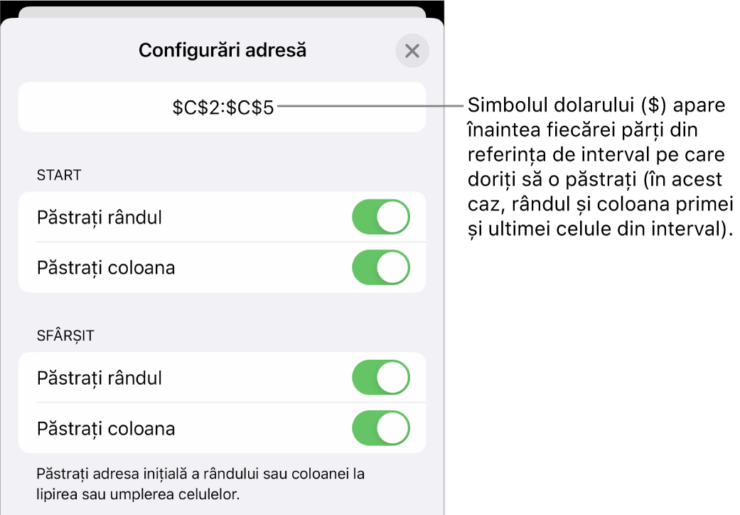 Comenzile pentru specificarea referințelor de rând și de coloană ale unei celule care trebuie păstrate în cazul în care celula este copiată sau mutată. Un simbol pentru dolar apare înaintea fiecărei părți a referinței de interval pe care doriți să o păstrați.