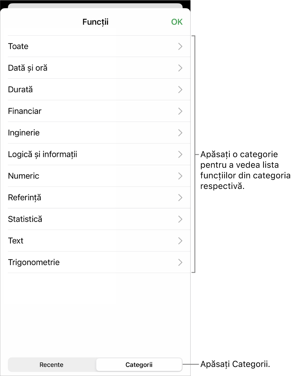 Browserul de funcții cu butonul Categorii selectat și lista categoriilor mai jos.