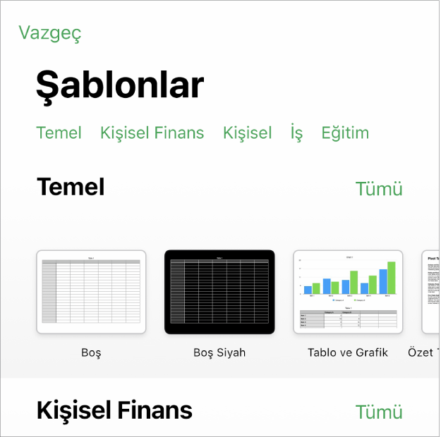 Üst taraf boyunca seçenekleri filtrelemek için dokunabileceğiniz kategori satırını gösteren şablon seçici. Alt tarafta, kategoriye göre satırlar halinde düzenlenen önceden tasarlanmış şablonların küçük resimleri yer alıyor.