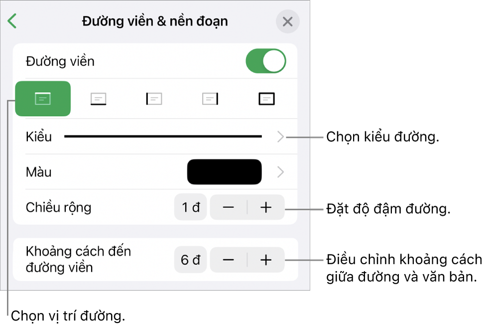 Các điều khiển để thay đổi kiểu đường, độ đậm, vị trí và màu.