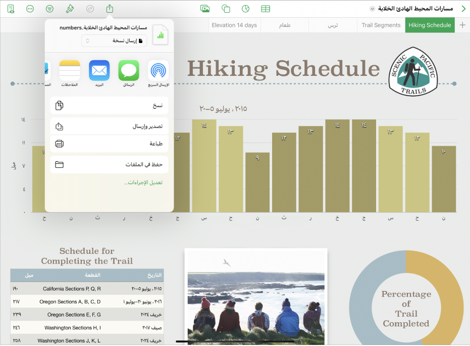 نافذة Numbers تعرض القائمة مشاركة مع خيارات إرسال نسخة من جدول البيانات أو التصدير والإرسال بتنسيق آخر أو طباعة جدول البيانات أو حفظه في تطبيق الملفات.