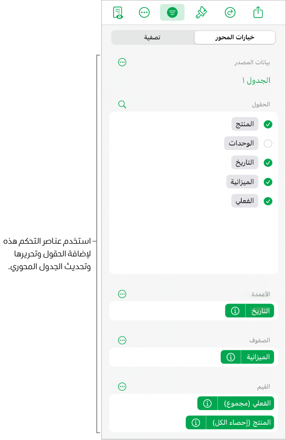 قائمة خيارات المحور تعرض الحقول في أقسام الأعمدة والصفوف والقيم، وكذلك عناصر تحكم لتعديل الحقول.