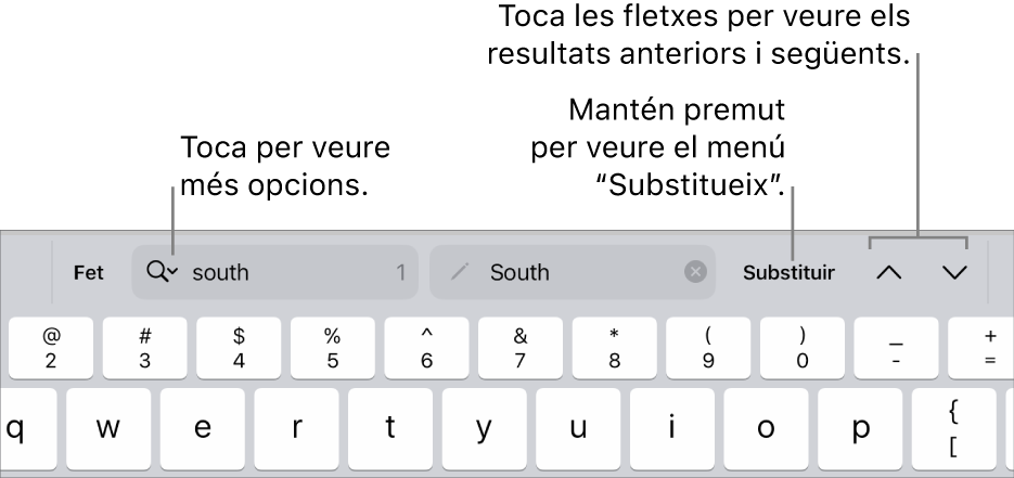 Els controls “Cerca i substitueix” a sobre del teclat amb referències als botons “Opcions de cerca”, “Substitueix”, “Ves amunt” i “Ves avall”.
