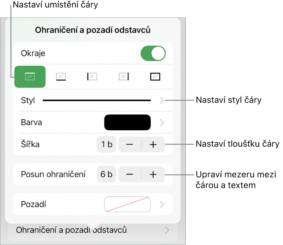 Ovládací prvky pro změnu stylu čáry, její tloušťky, umístění a barvy