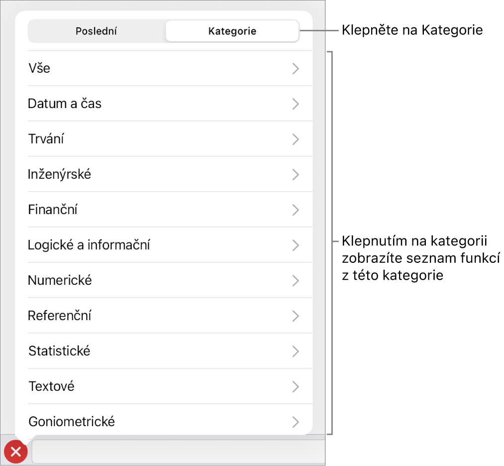 Prohlížeč funkcí s vybraným tlačítkem Kategorie a seznamem kategorií pod ním