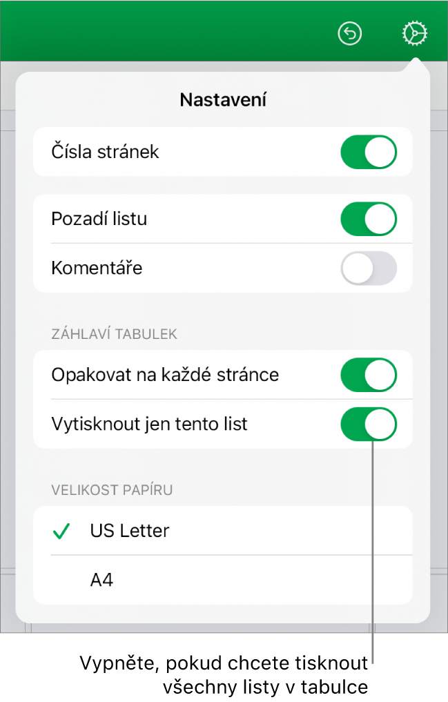 Panel s náhledem tisku s ovládacími prvky pro zobrazování čísla stránky, opakování záhlaví na každé stránce, změnu formátu papíru a výběr tisku celého tabulkového dokumentu, nebo pouze aktuálního listu