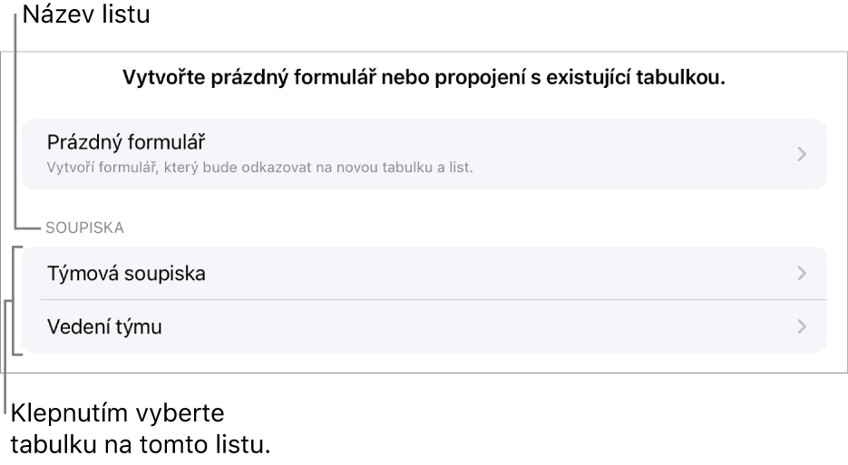 Seznam tabulek ze stejného tabulkového dokumentu, přičemž jako první je uvedena volba pro vytvoření prázdného formuláře