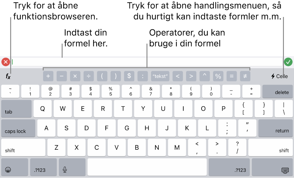 Formeltastaturet med formelværktøjet øverst og derunder de operatorer, der bruges i formler. Knappen Funktioner til åbning af funktionsbrowseren ses til venstre for operatorerne, og knappen til handlingsmenuen ses til højre.