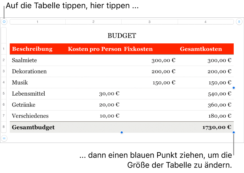 Eine ausgewählte Tabelle mit blauen Punkten zum Ändern der Größe