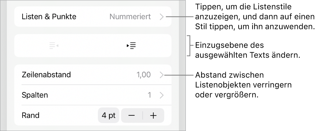 Der Abschnitt „Listen & Punkte“ der Formatsteuerungen mit Beschreibungen für „Listen & Punkte“, den Tasten „Einrücken“ und „Ausrücken“ und Steuerelemente für den Zeilenabstand