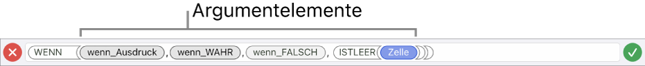 Der Formeleditor mit einer Funktion mit Argumentelementen.