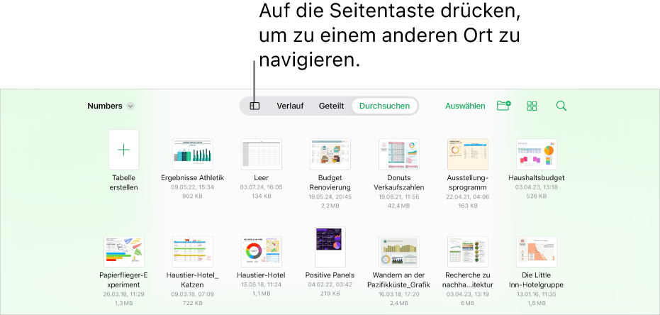 Die Darstellung zum Durchsuchen des Dokumentenmanagers mit der Taste „Seitenleiste“ oben links. Oben rechts sind die Tasten „Hinzufügen“, „Neuer Ordner“, „Symbole“ (zum Sortieren nach Name, Datum, Größe oder Tag), „Auswählen“ und „Suchen“.