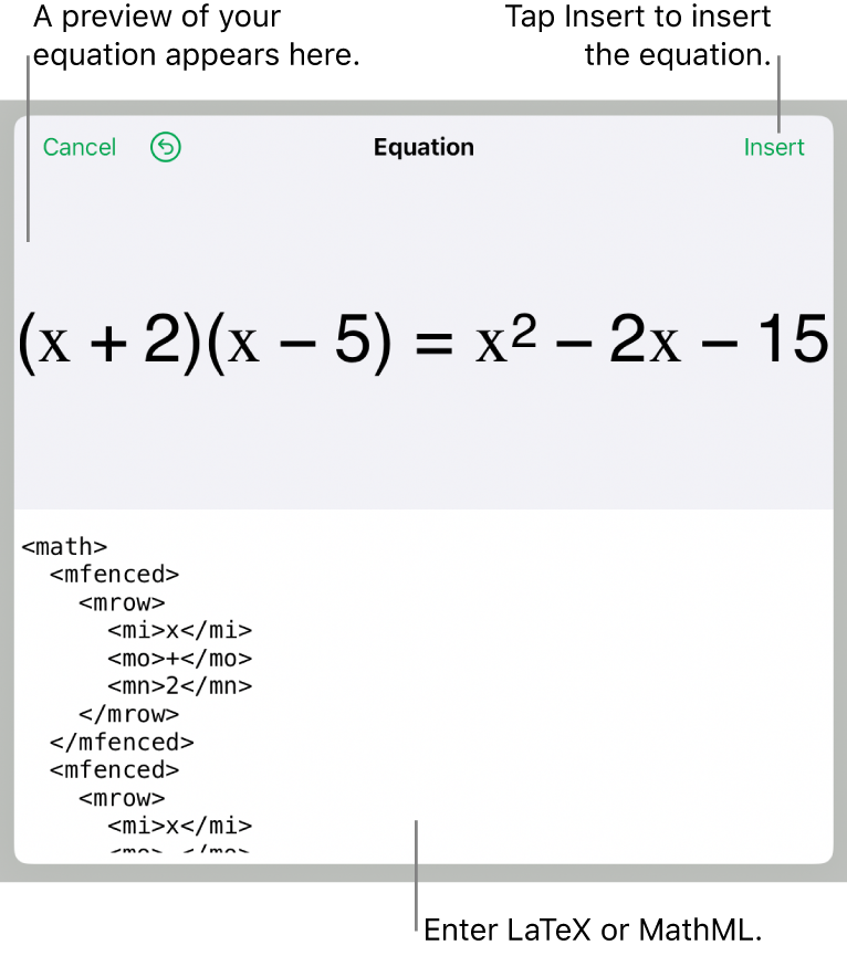 The Equation dialogue, showing an equation written using MathML commands and a preview of the formula above.