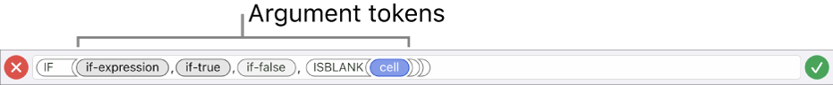 The Formula Editor showing a function with argument tokens.