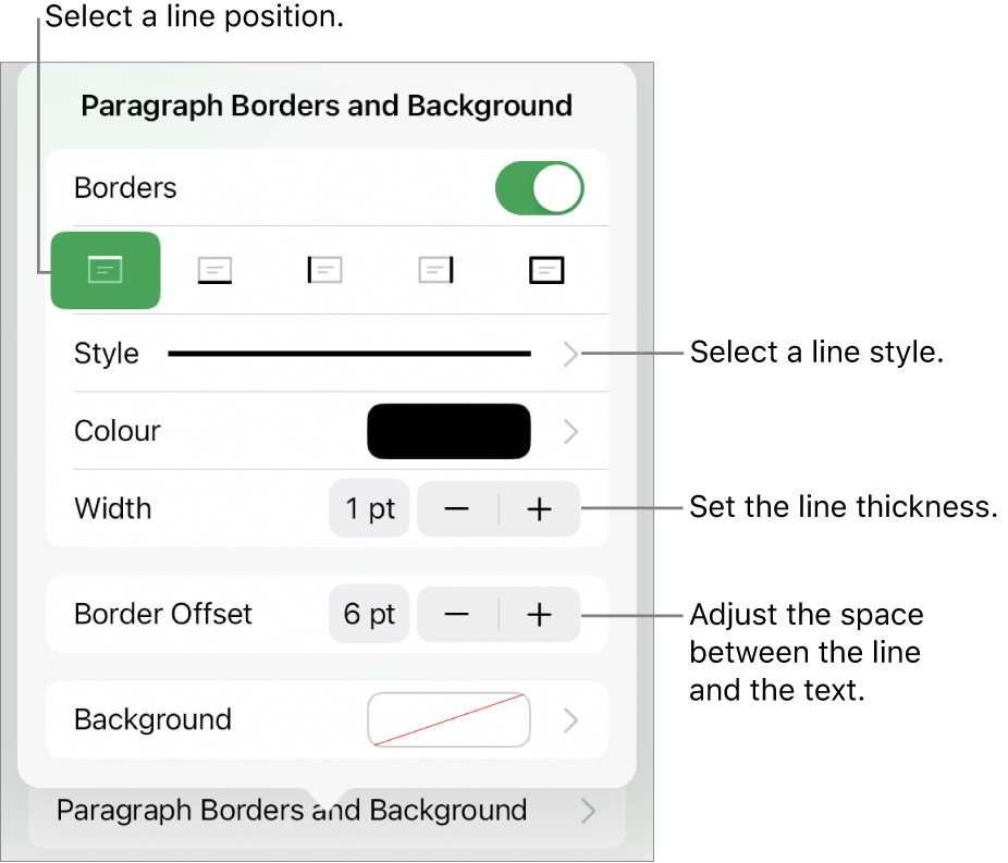 Controls to change the line style, thickness, position and colour.