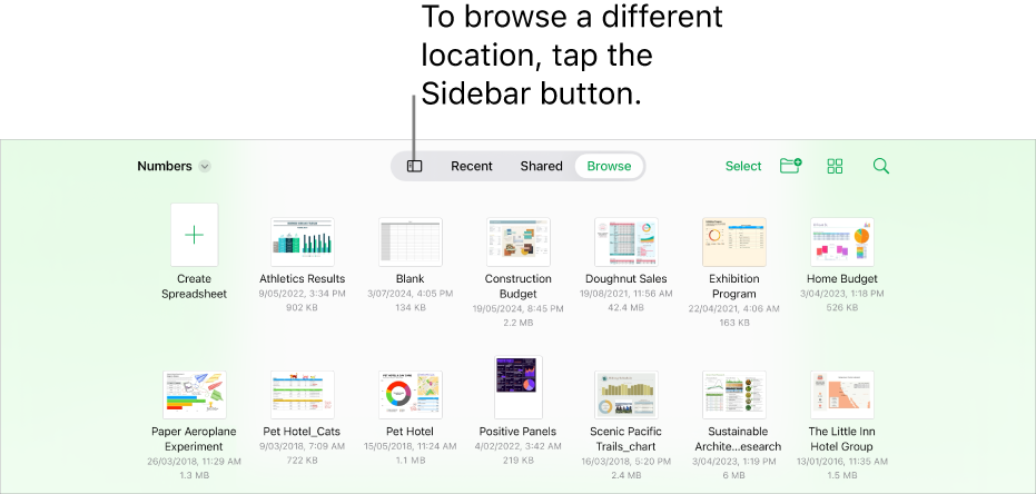 The browse view of the document manager with a location link in the top-left corner and below it a Search field. In the top-right corner are the Add a Spreadsheet button; the New Folder button; a pop-up menu to use list or icon view, and to filter by name, date, size, kind and tag; and the Select button. Below these are thumbnails of existing spreadsheets.