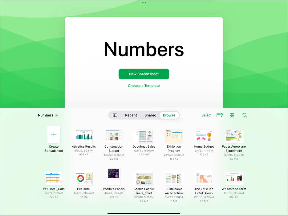 The Numbers document manager with buttons to create a new spreadsheet or choose a template at the top of the screen, and controls to open saved spreadsheets on the bottom.