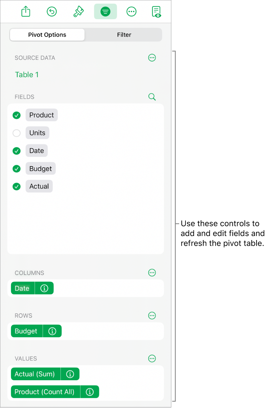 The Pivot Options menu showing fields in the Columns, Rows and Values sections, as well as controls to edit the fields.