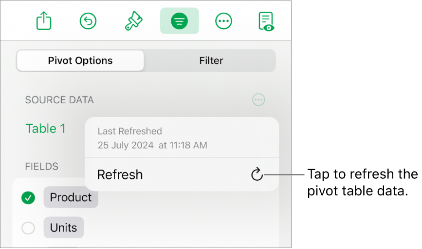 The Pivot Options menu showing the option to refresh the pivot table.