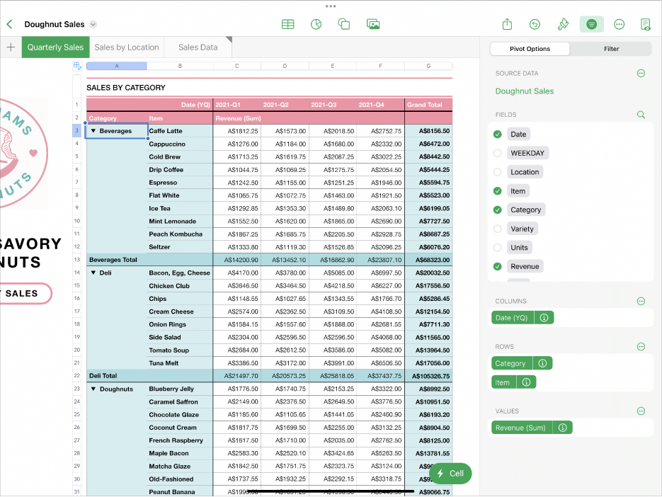 A spreadsheet with the Pivot Options controls showing in the Organise sidebar on the right side of the screen.