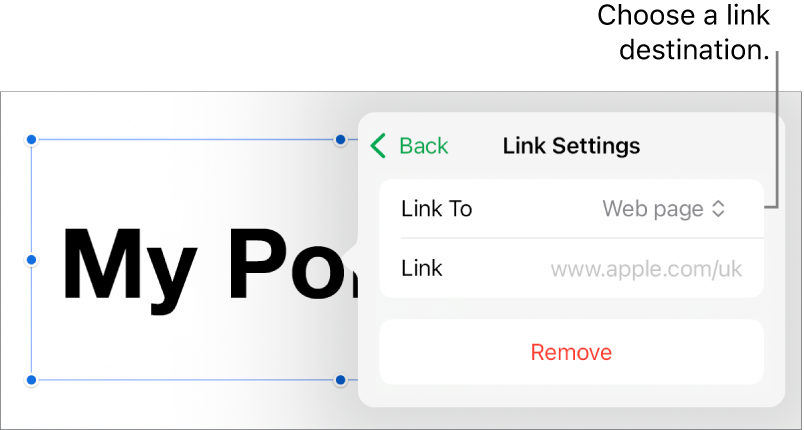 The Link Settings controls with Web Page selected, and the Remove button at the bottom.